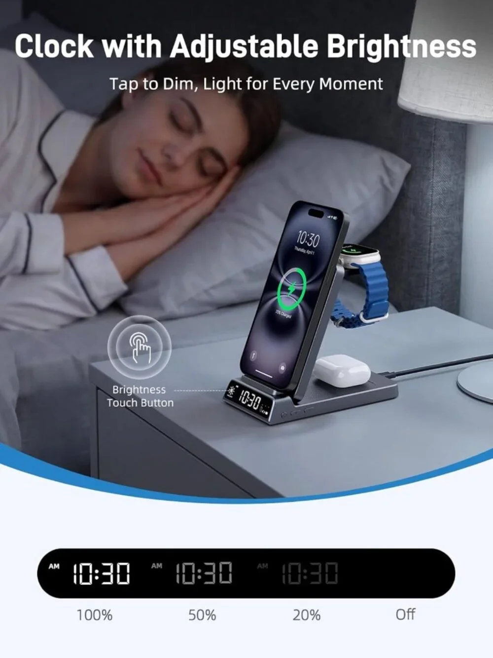 3-in-1 Wireless Charging Station with Clock, Foldable iPhone & Apple Watch Stand